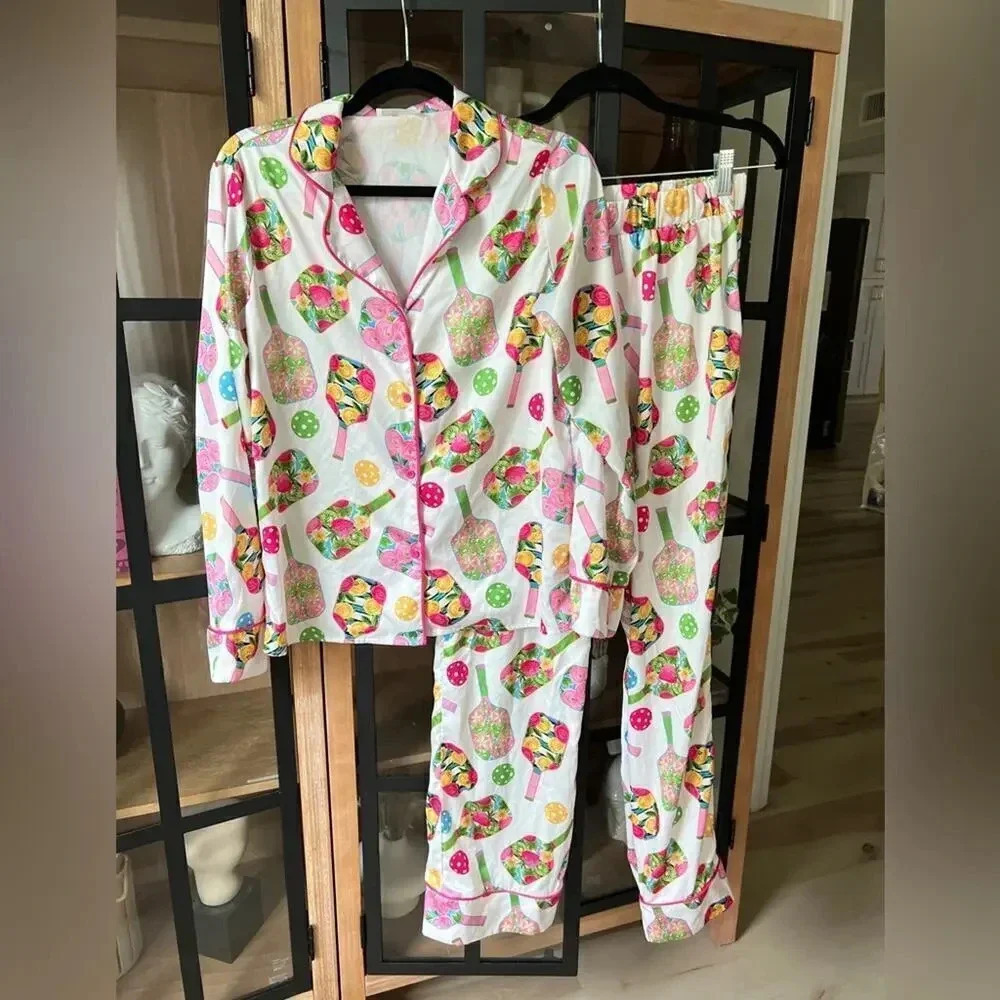 Pickeball pajamas set pants button down long sleeves top colorful bachelorette